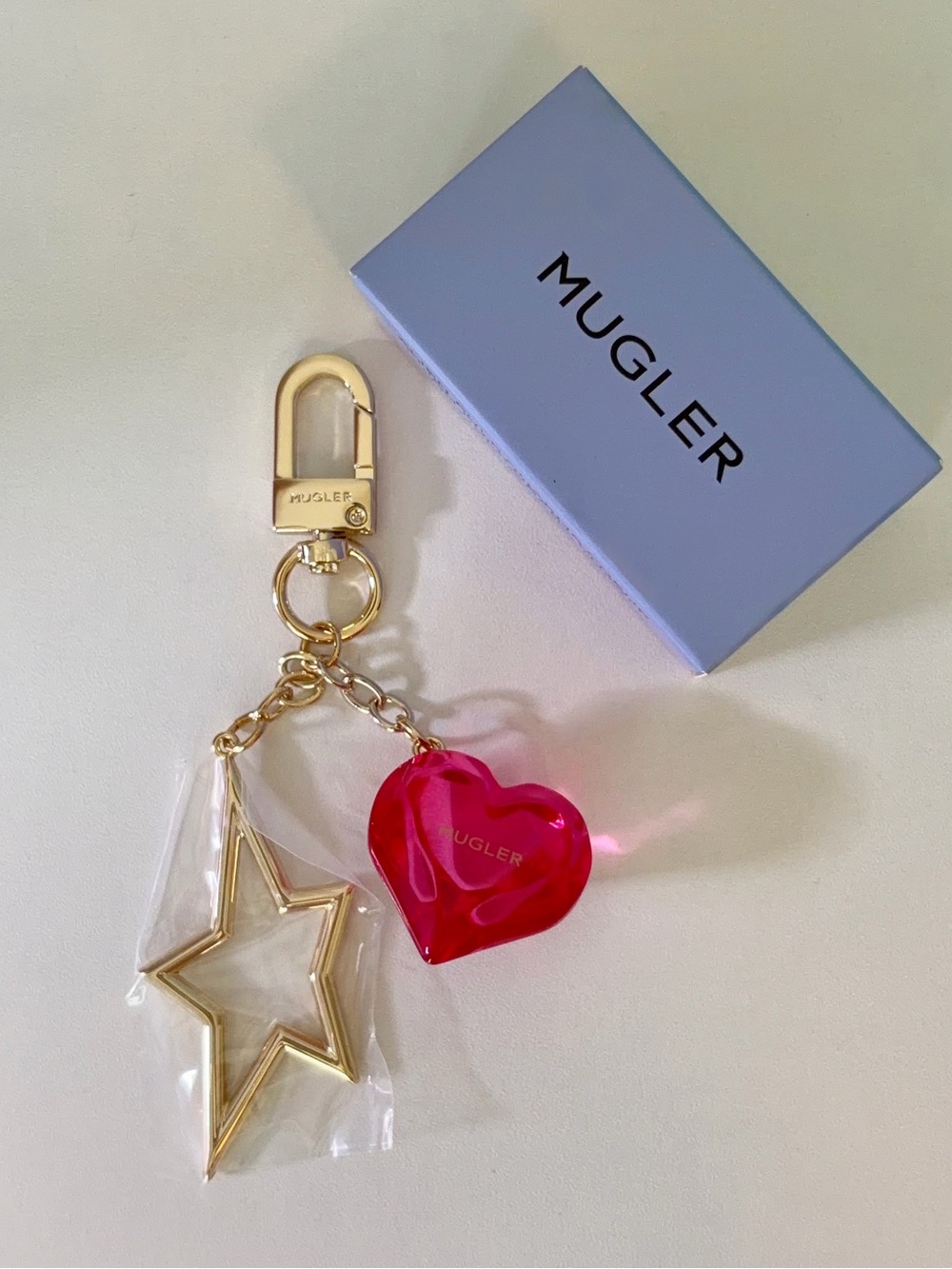 MUGLER Keychain Bag Charm Pink Heart Gold Star